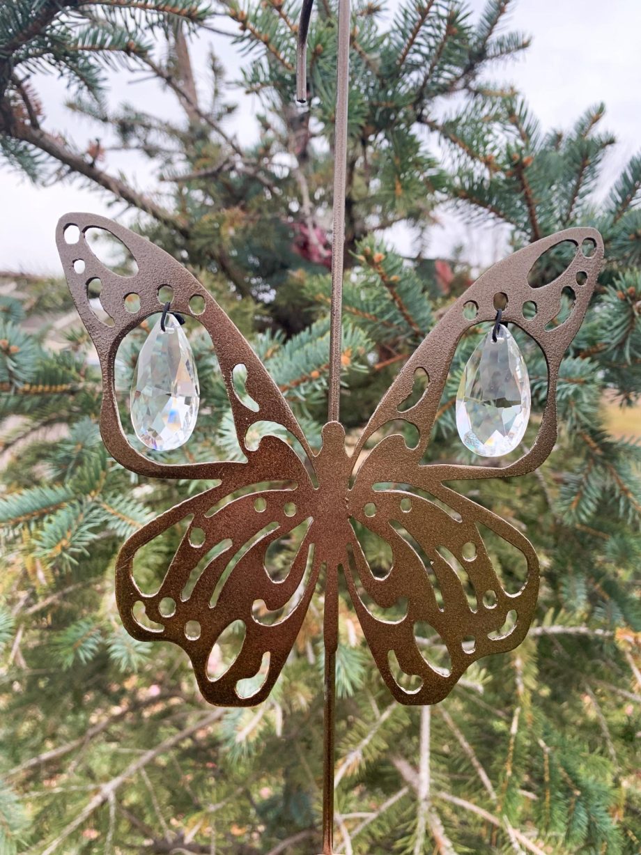 Butterfly Hanging Hook for Wind Chimes, Bird Feeders, Plants, Memorial Garden - Copper Butterfly with Crystal Prisms by Weathered Raindrop