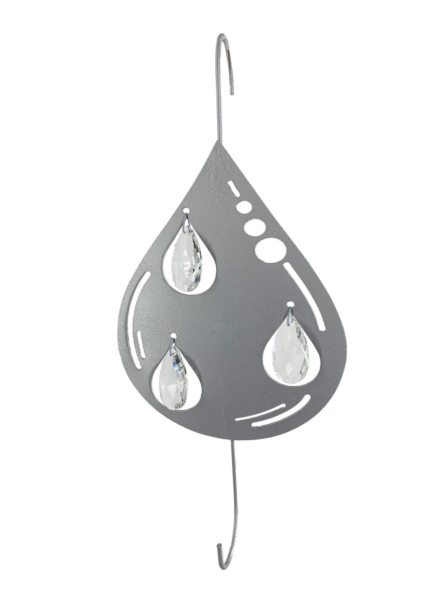 Teardrop Hanging Hook for Wind Chimes, Bird Feeders, Plants, Memorial Garden - Silver Raindrop with Crystal Prisms by Weathered Raindrop