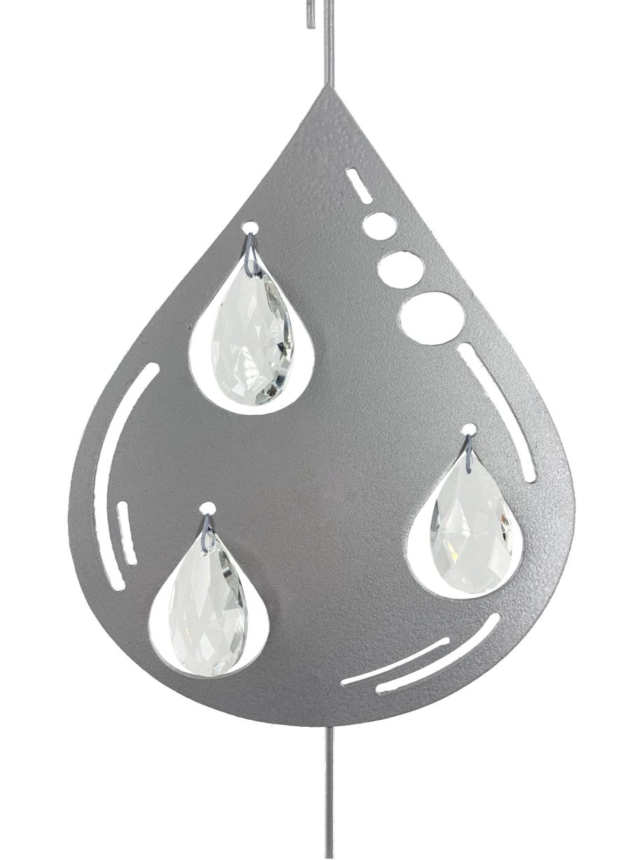 Teardrop Hanging Hook for Wind Chimes, Bird Feeders, Plants, Memorial Garden - Silver Raindrop with Crystal Prisms by Weathered Raindrop