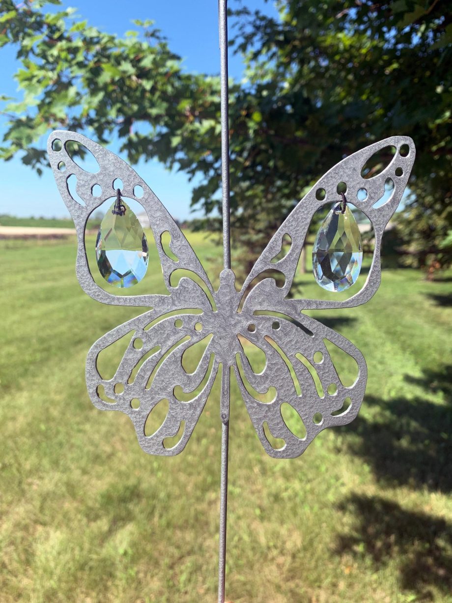 Butterfly Hanging Hook for Wind Chimes, Bird Feeders, Plants, Memorial Garden - Silver Butterfly with Crystal Prisms by Weathered Raindrop