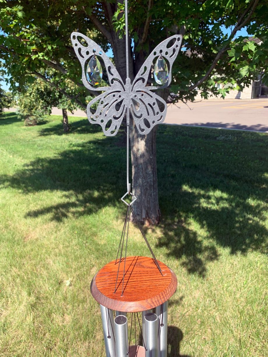 Butterfly Hanging Hook for Wind Chimes, Bird Feeders, Plants, Memorial Garden - Silver Butterfly with Crystal Prisms by Weathered Raindrop