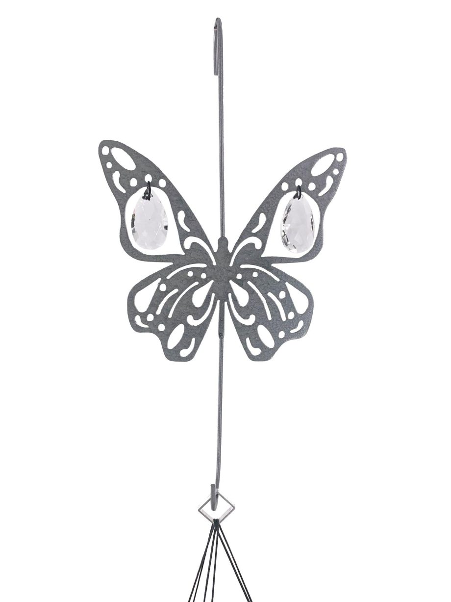 Butterfly Hanging Hook for Wind Chimes, Bird Feeders, Plants, Memorial Garden - Silver Butterfly with Crystal Prisms by Weathered Raindrop