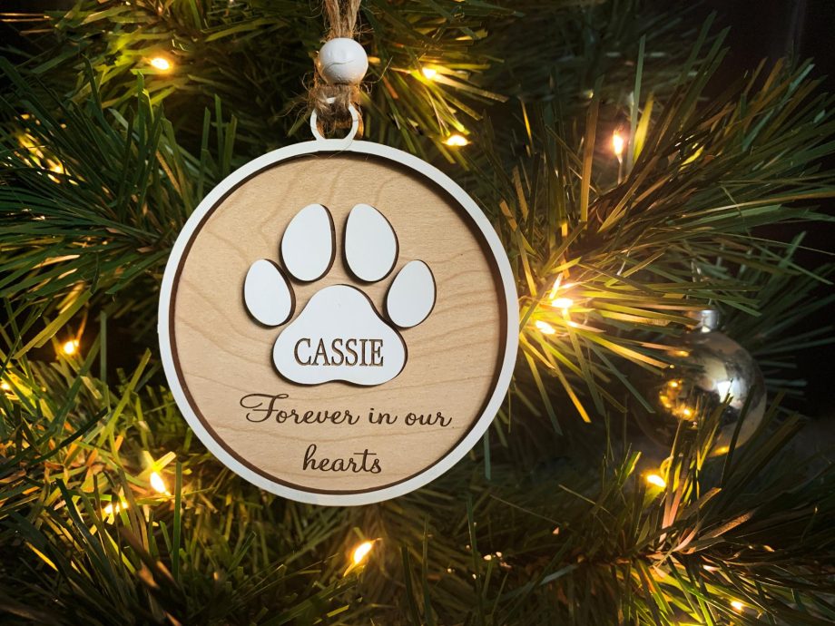 Pet Memorial Holiday Ornament "Forever in our Hearts" In Memory of Dog or Cat Sympathy Gift Paw Prints by Weathered Raindrop