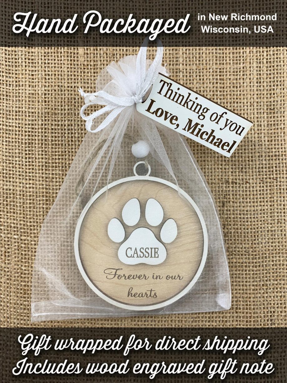 Pet Memorial Holiday Ornament "Forever in our Hearts" In Memory of Dog or Cat Sympathy Gift Paw Prints by Weathered Raindrop