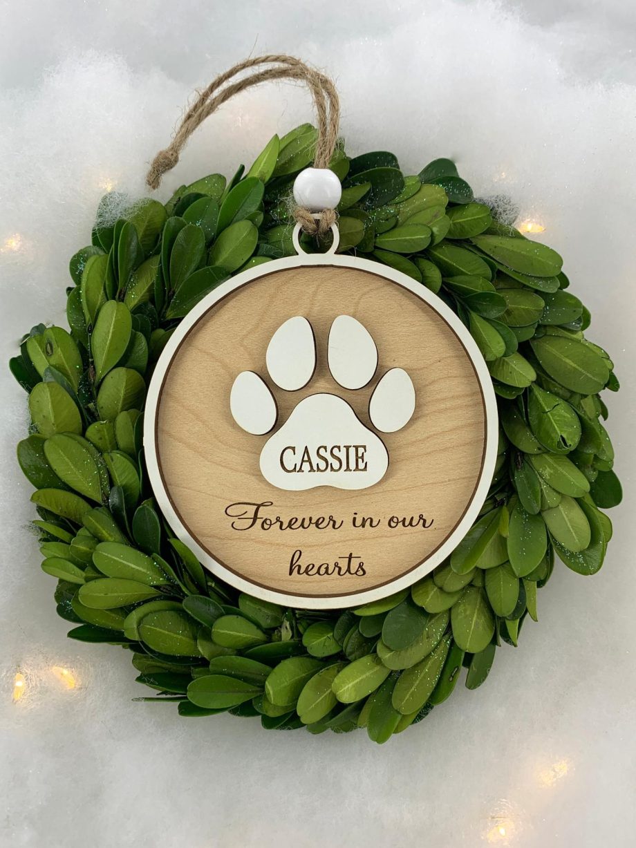 Pet Memorial Holiday Ornament "Forever in our Hearts" In Memory of Dog or Cat Sympathy Gift Paw Prints by Weathered Raindrop