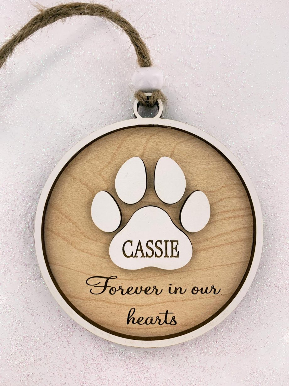 Pet Memorial Holiday Ornament "Forever in our Hearts" In Memory of Dog or Cat Sympathy Gift Paw Prints by Weathered Raindrop