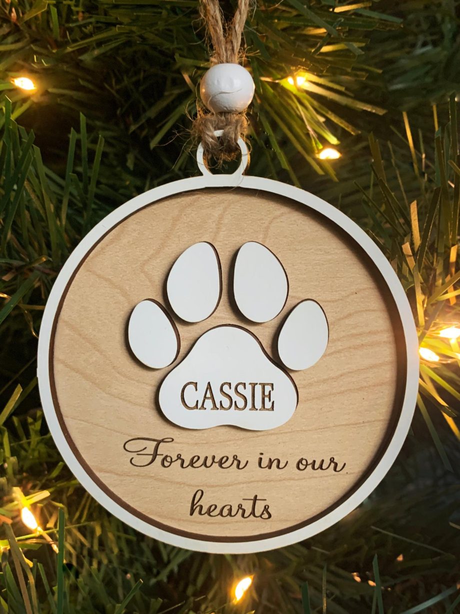 Pet Memorial Holiday Ornament "Forever in our Hearts" In Memory of Dog or Cat Sympathy Gift Paw Prints by Weathered Raindrop