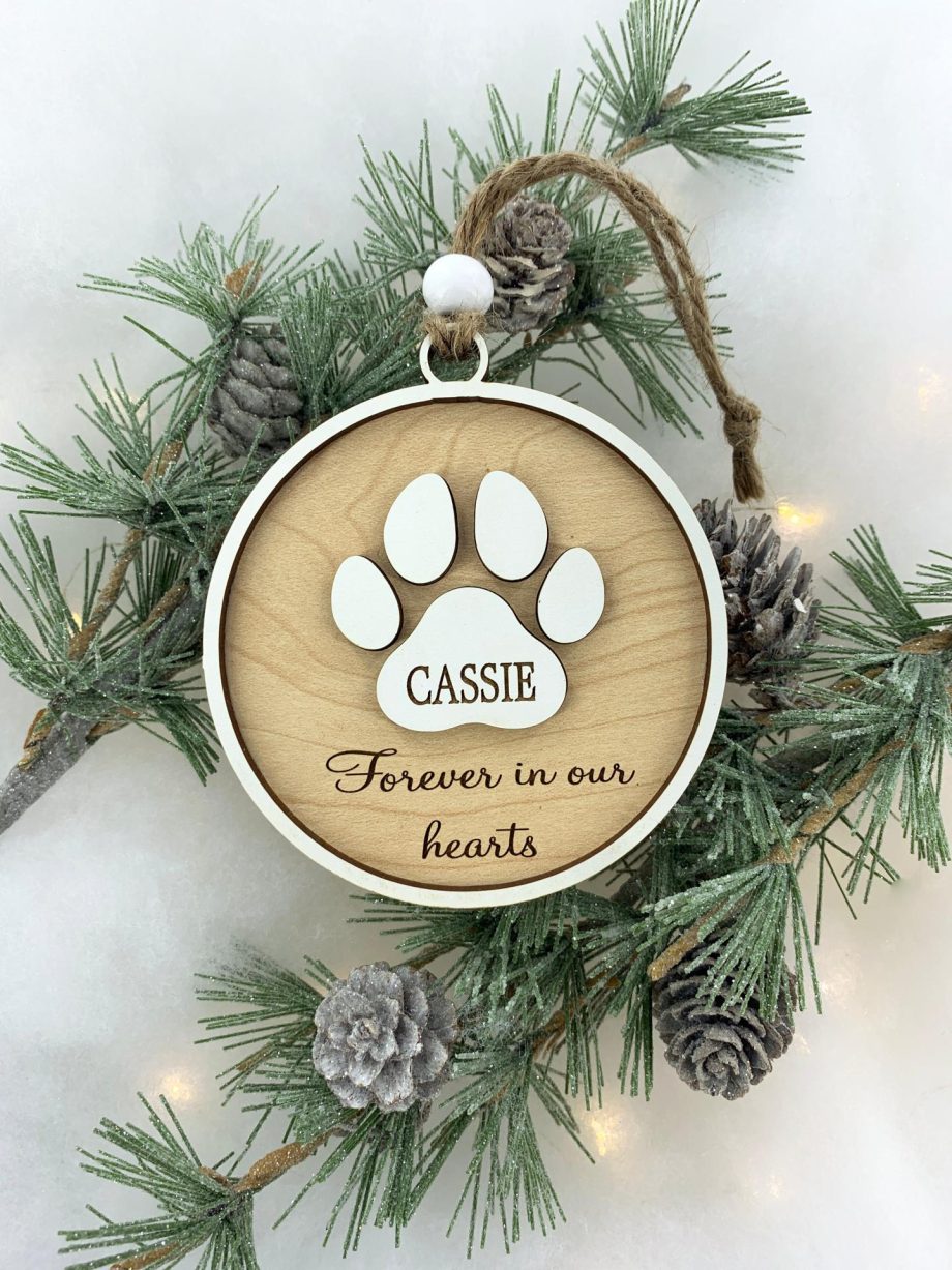 Pet Memorial Holiday Ornament "Forever in our Hearts" In Memory of Dog or Cat Sympathy Gift Paw Prints by Weathered Raindrop