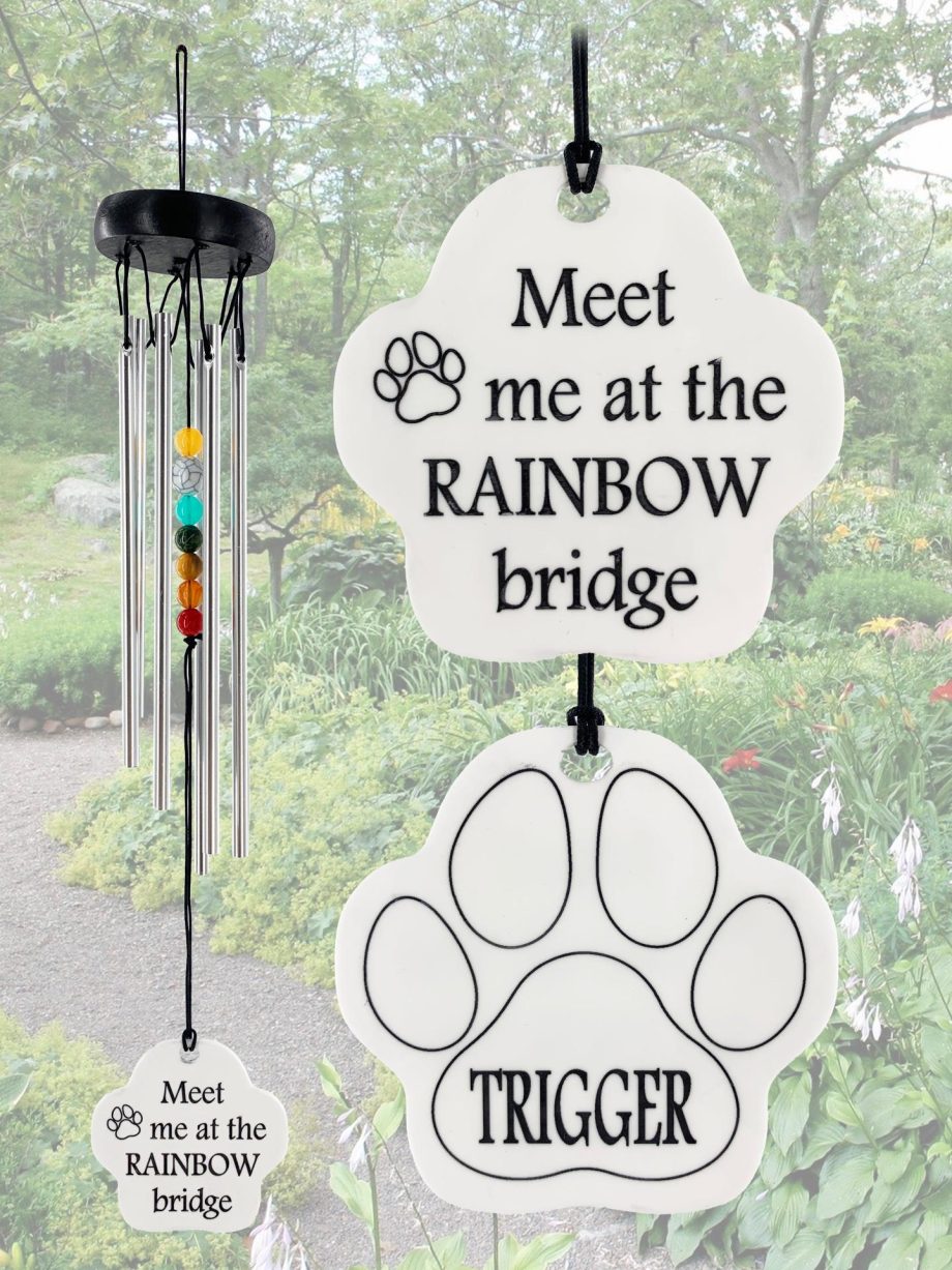 Meet Me at the Rainbow Bridge Pet Memorial Gift Set Beaded Silver Wind Chime In Memory of a Dog or Cat Sympathy Paw Print Gifts