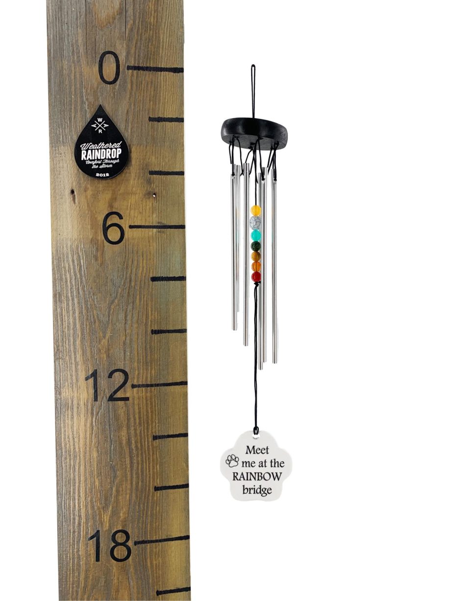 Meet Me at the Rainbow Bridge Pet Memorial Gift Set Beaded Silver Wind Chime In Memory of a Dog or Cat Sympathy Paw Print Gifts