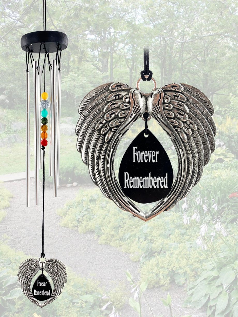 In Memory Angel Wings Silver Wind Chime Gift Set Memorial Garden Sympathy Teardrop by Weathered Raindrop