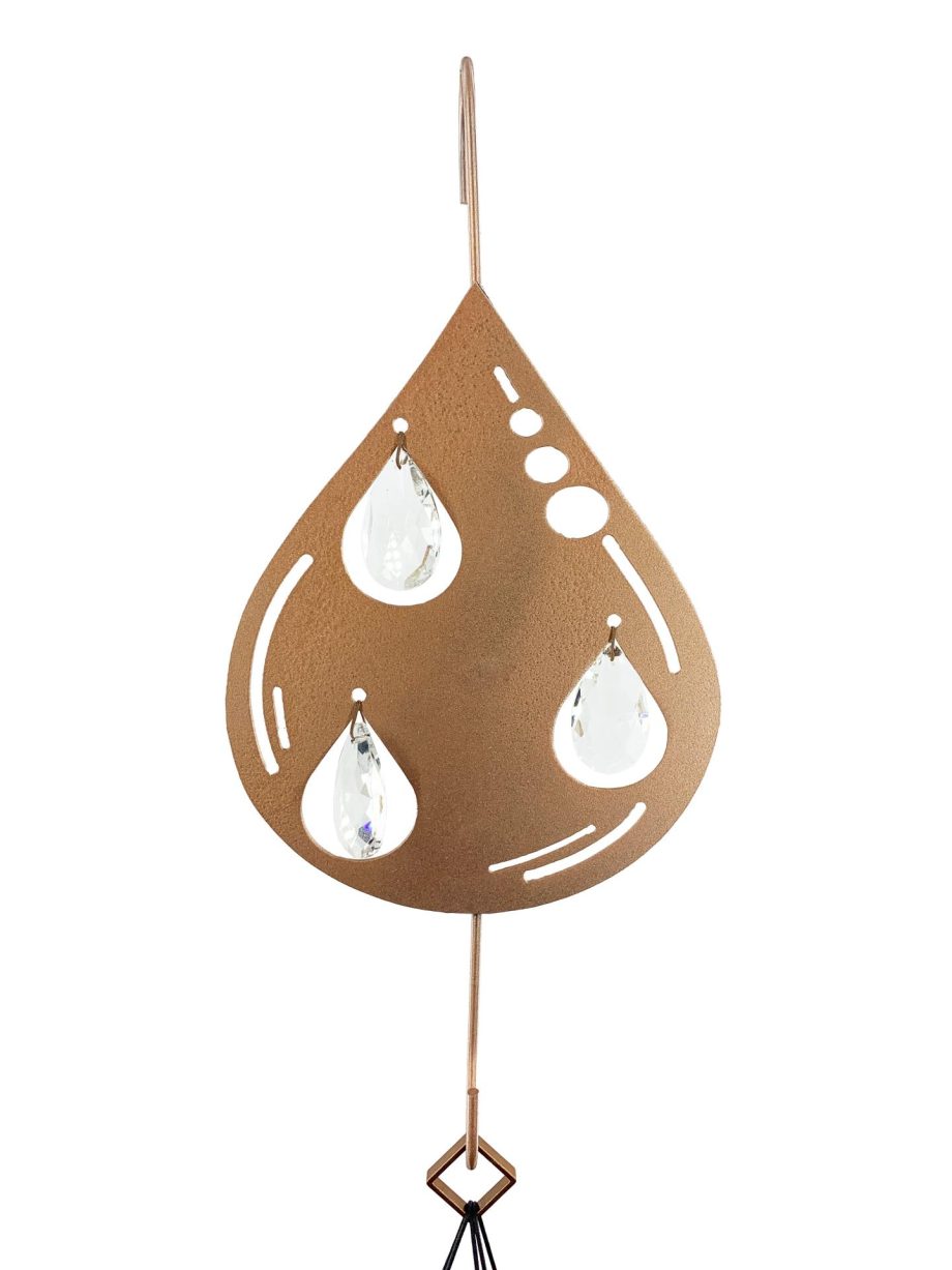 Teardrop Hanging Hook for Wind Chimes, Bird Feeders, Plants, Memorial Garden - Copper Raindrop with Crystal Prisms by Weathered Raindrop