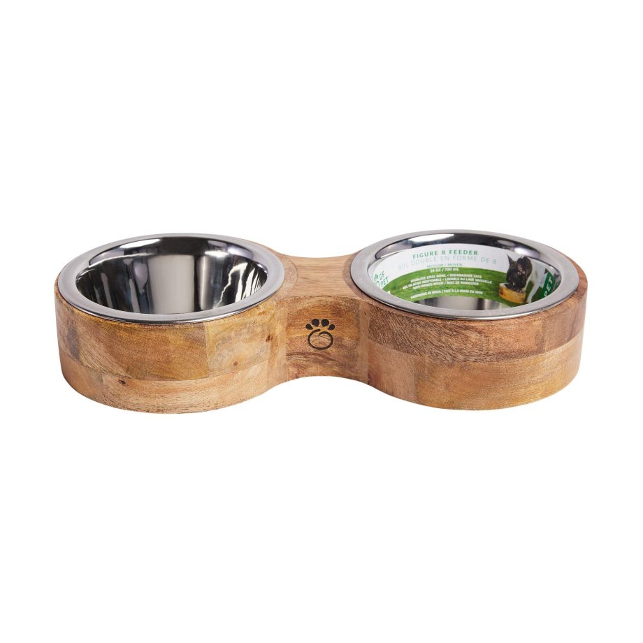 Wood & Metal Feeder Double Diner Pet Food Water Bowls