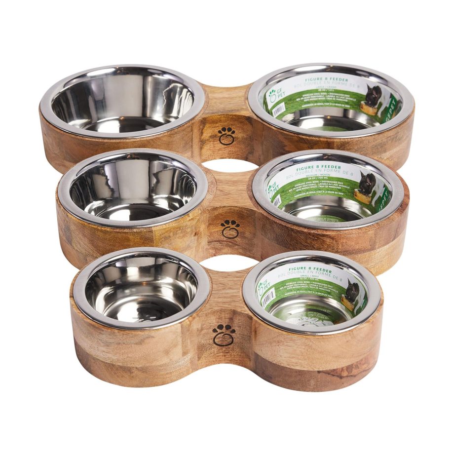 Wood & Metal Feeder Double Diner Pet Food Water Bowls