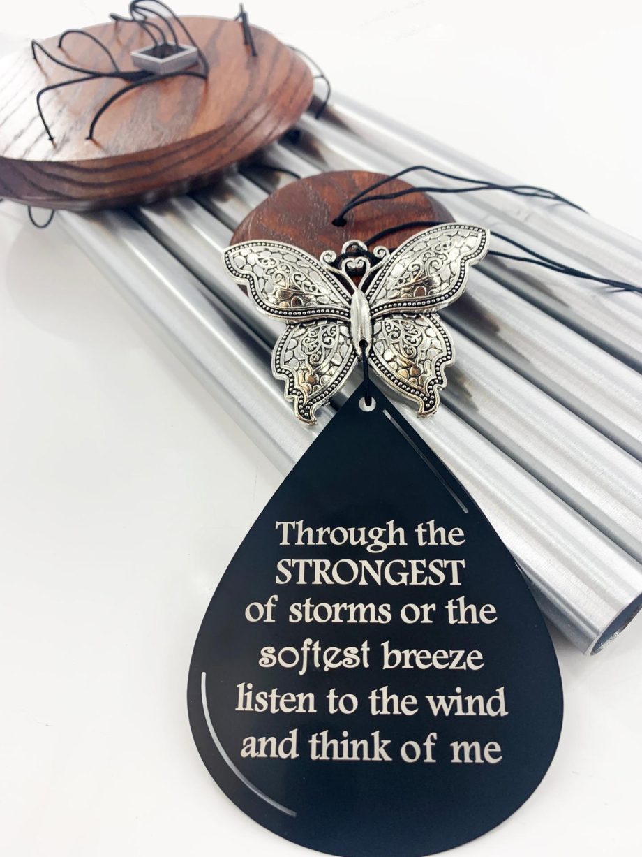 Silver Butterfly Memorial Wind Chime Large 28 inch Sympathy Gift by Weathered Raindrop