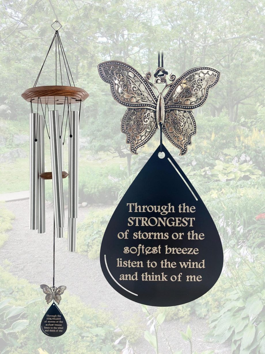 Silver Butterfly Memorial Wind Chime Large 28 inch Sympathy Gift by Weathered Raindrop