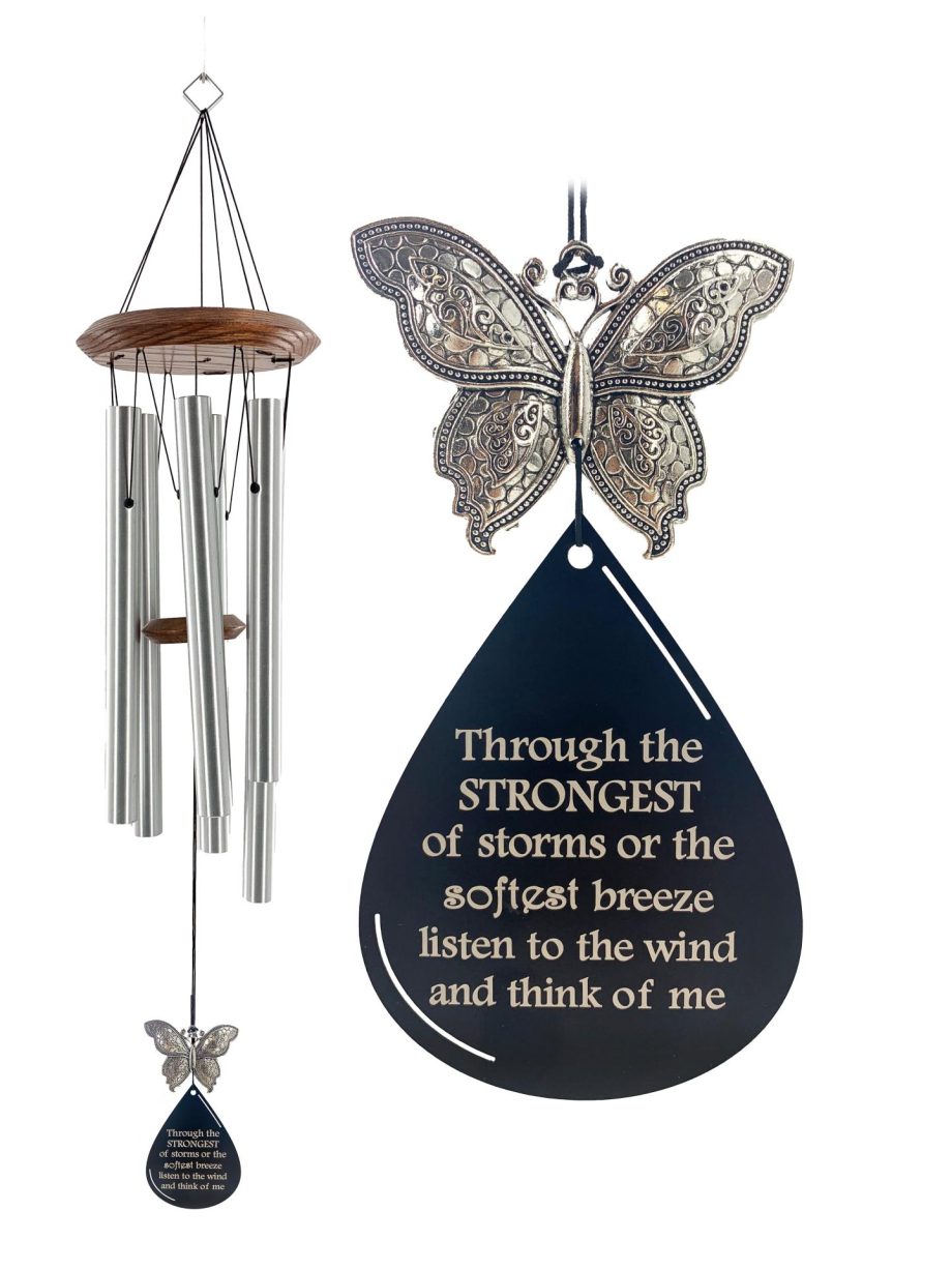 Silver Butterfly Memorial Wind Chime Large 28 inch Sympathy Gift by Weathered Raindrop