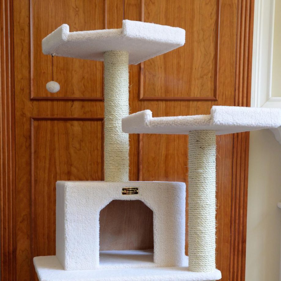 Armarkat B7801 Classic Real Wood Cat Tree In Ivory, Jackson Galaxy Approved, Six Levels With Playhouse and Rope SwIng