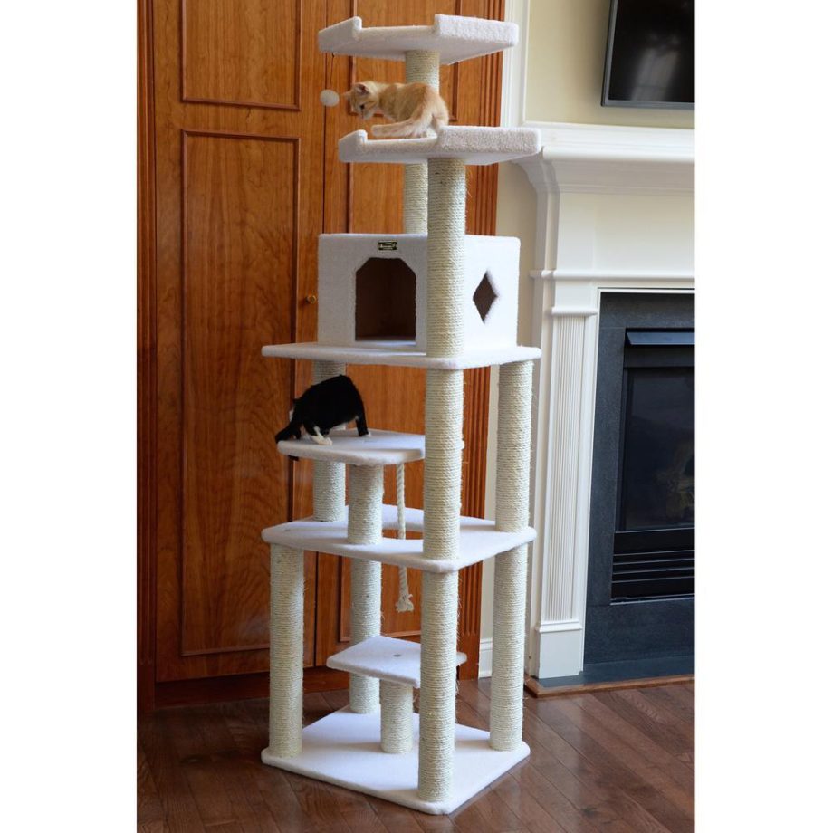 Armarkat B7801 Classic Real Wood Cat Tree In Ivory, Jackson Galaxy Approved, Six Levels With Playhouse and Rope SwIng