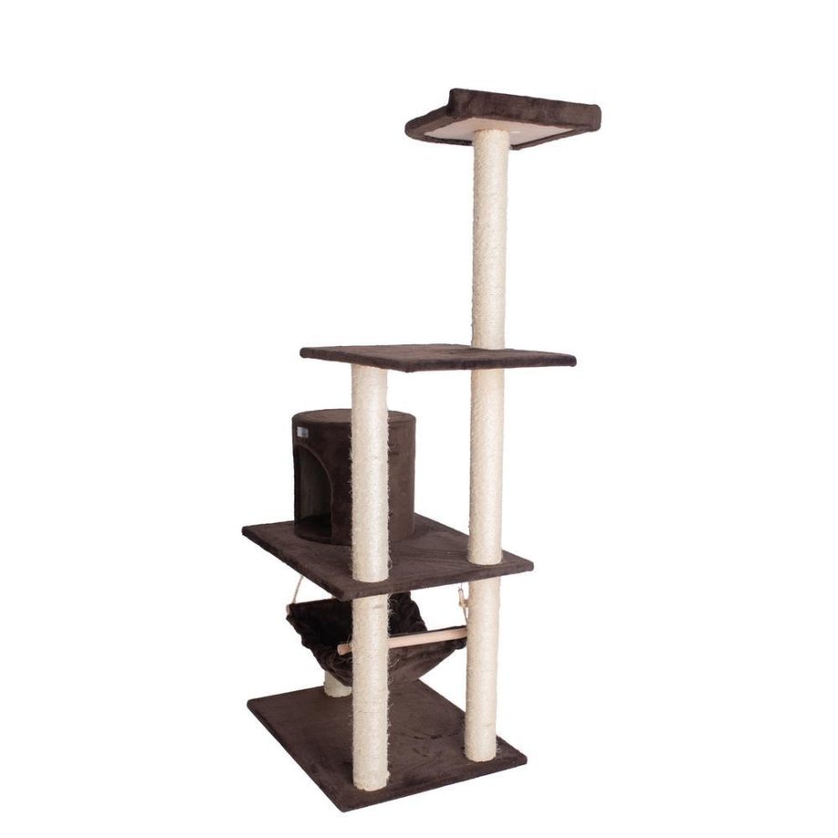 GleePet GP78590223 59-Inch Real Wood Cat Tree In Coffee Brown With Condo And Hammock