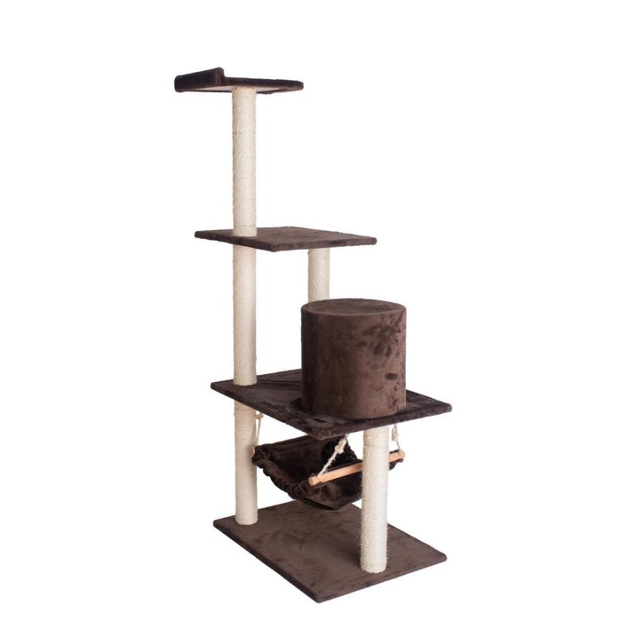 GleePet GP78590223 59-Inch Real Wood Cat Tree In Coffee Brown With Condo And Hammock