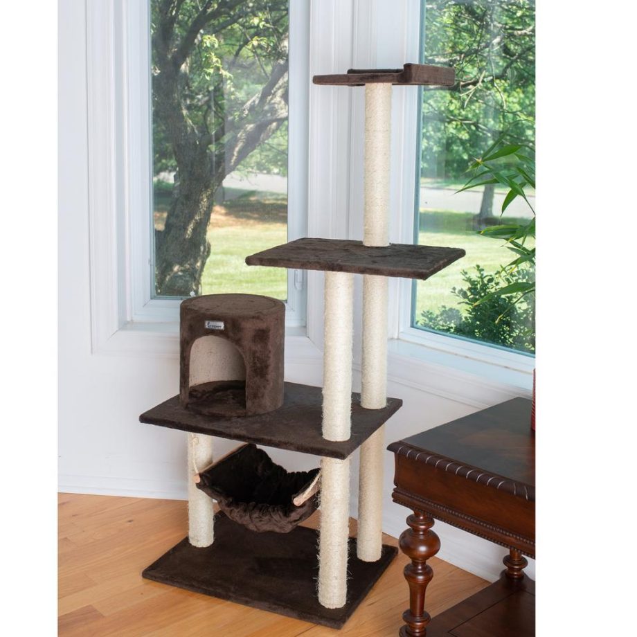 GleePet GP78590223 59-Inch Real Wood Cat Tree In Coffee Brown With Condo And Hammock