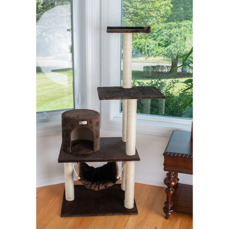 GleePet GP78590223 59-Inch Real Wood Cat Tree In Coffee Brown With Condo And Hammock