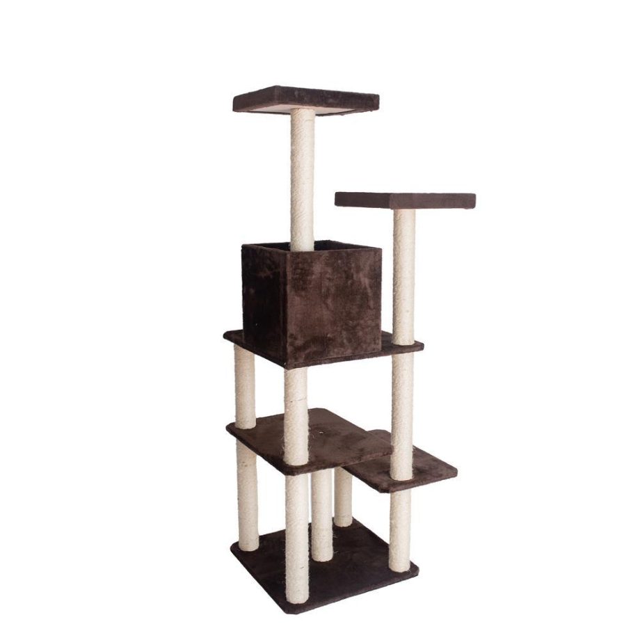 GleePet GP78680723 66-Inch Real Wood Cat Tree In Coffee Brown With Four Levels, Two Perches, Condo