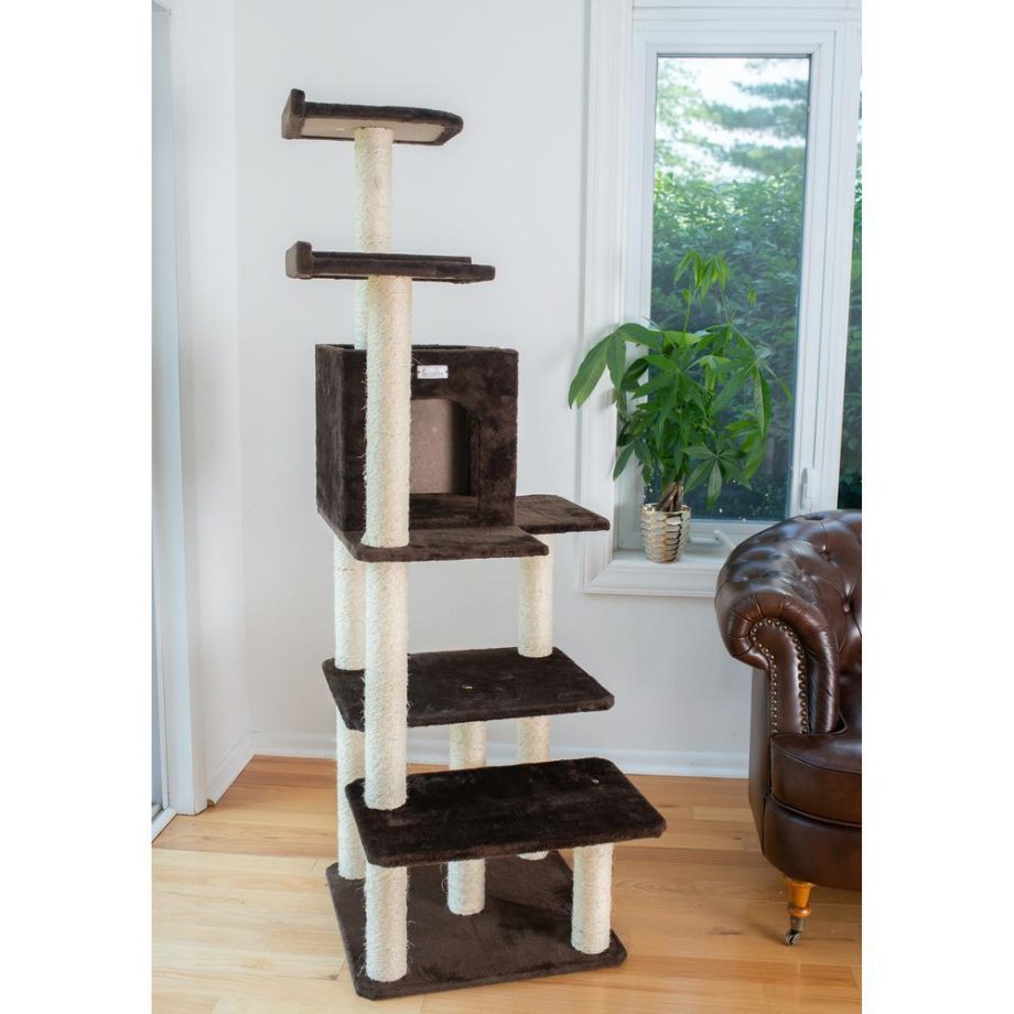 GleePet GP78680723 66-Inch Real Wood Cat Tree In Coffee Brown With Four Levels, Two Perches, Condo