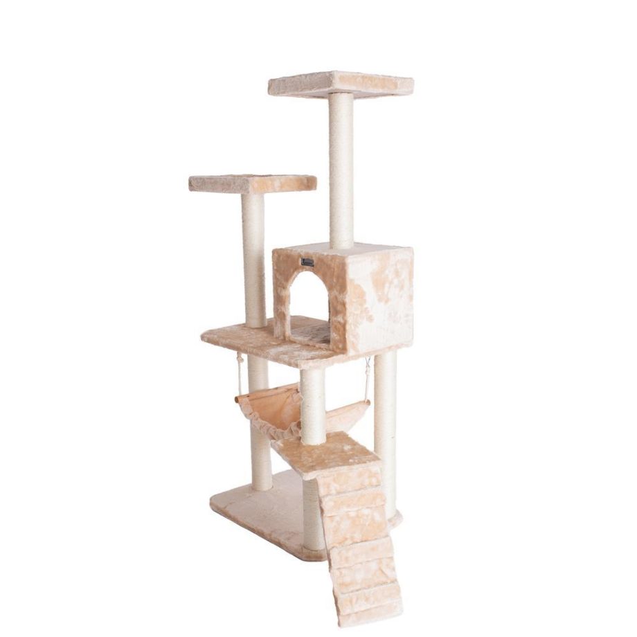 GleePet GP78570921 57-Inch Real Wood Cat Tree In Beige With Perches, RunnIng Ramp, Condo And Hammock