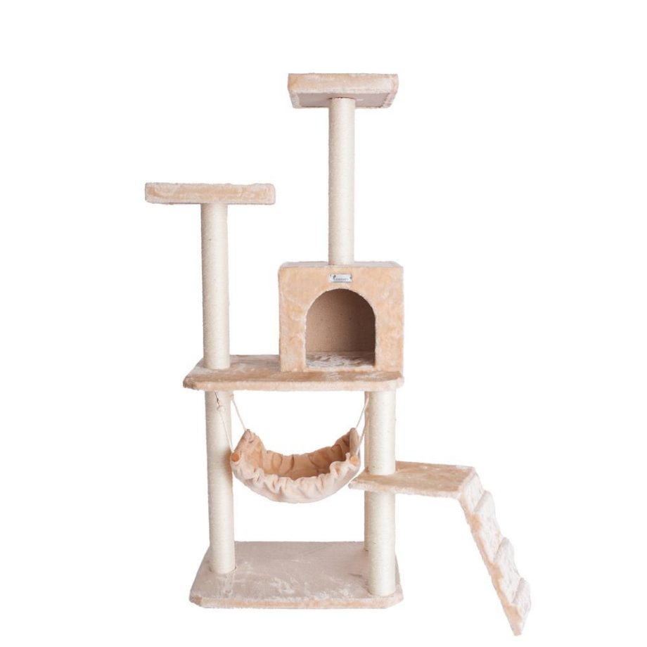 GleePet GP78570921 57-Inch Real Wood Cat Tree In Beige With Perches, RunnIng Ramp, Condo And Hammock