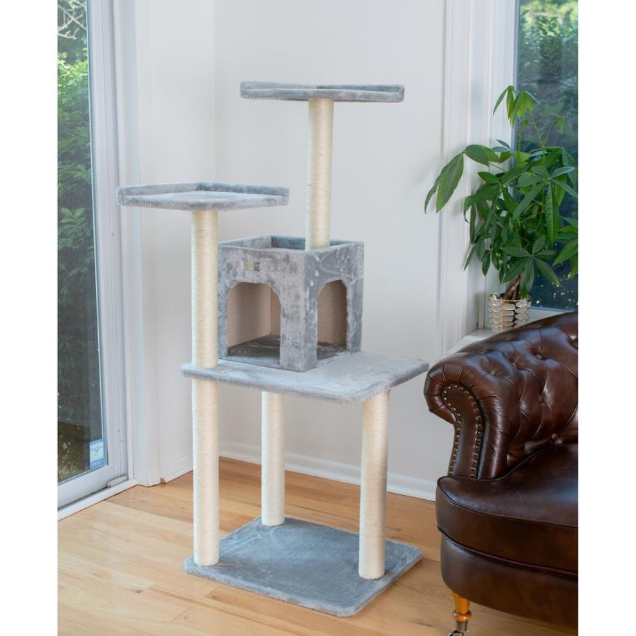 GleePet GP78571022 57-Inch Real Wood Cat Tree In Silver Gray With Two-Door Condo