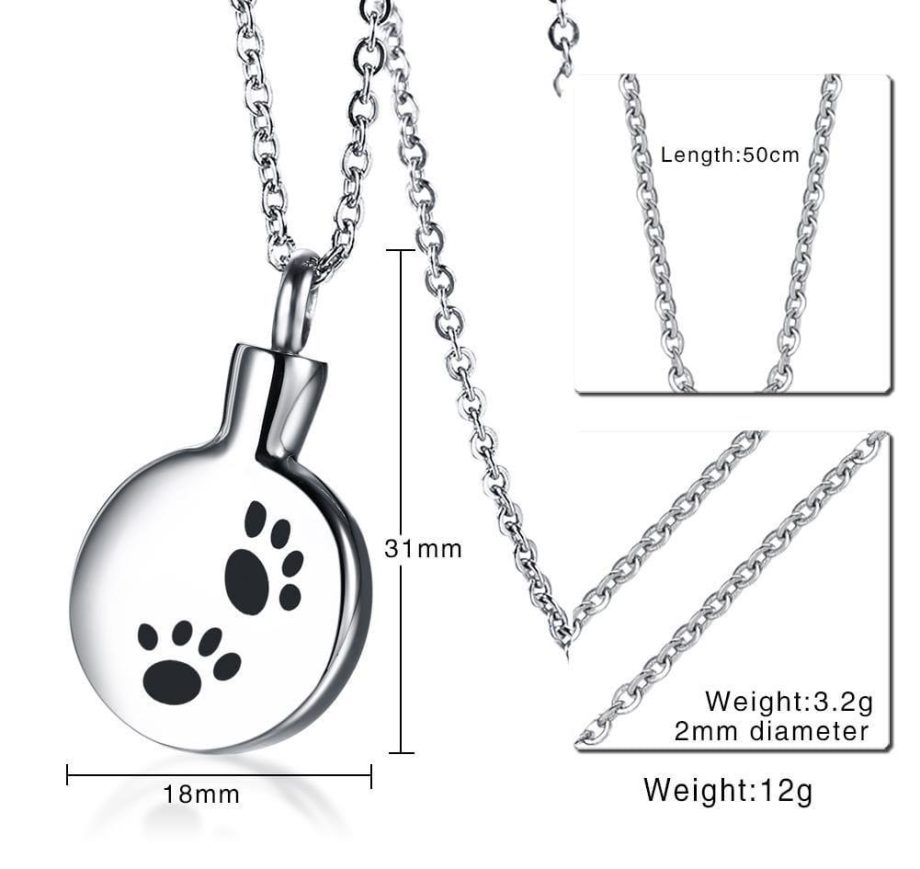 Stainless Steel Keepsake Paw Print Cremation Jewelry Necklace