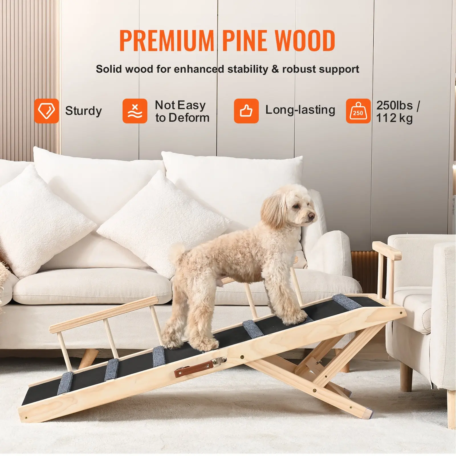 VEVOR Folding Adjustable Wooden Pet Ramp for Cats and Dogs of All Ages; Ramp 47.2" Long, Adjustable Height from 13.8" to 27.6" with Removable Safety Guardrails - Image 4