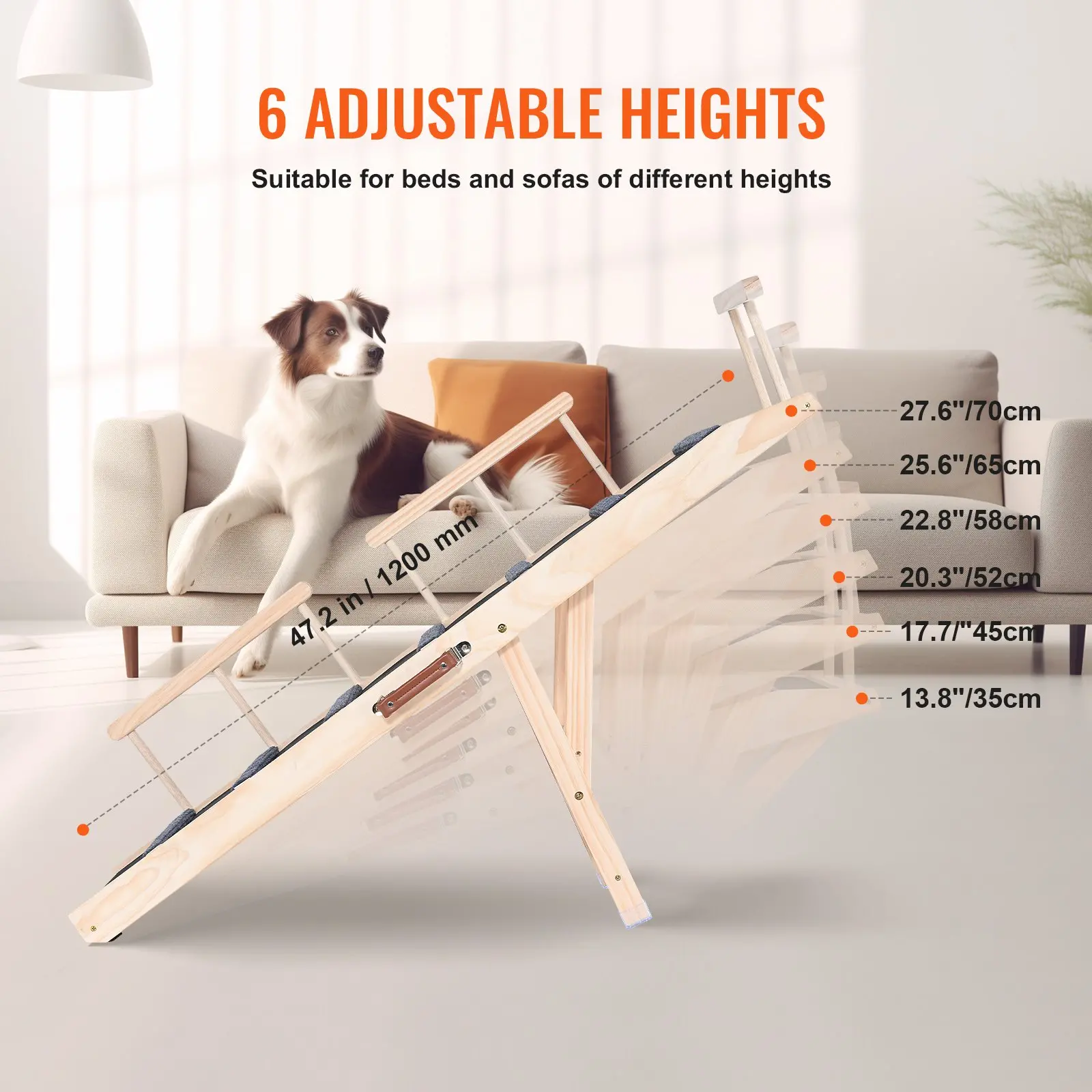 VEVOR Folding Adjustable Wooden Pet Ramp for Cats and Dogs of All Ages; Ramp 47.2" Long, Adjustable Height from 13.8" to 27.6" with Removable Safety Guardrails - Image 5
