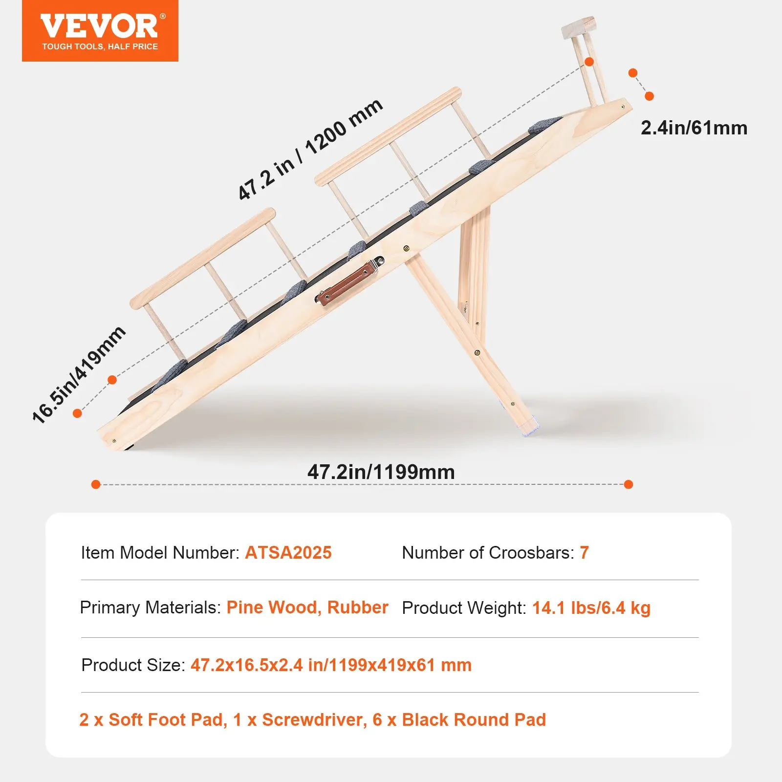 VEVOR Folding Adjustable Wooden Pet Ramp for Cats and Dogs of All Ages; Ramp 47.2" Long, Adjustable Height from 13.8" to 27.6" with Removable Safety Guardrails - Image 3