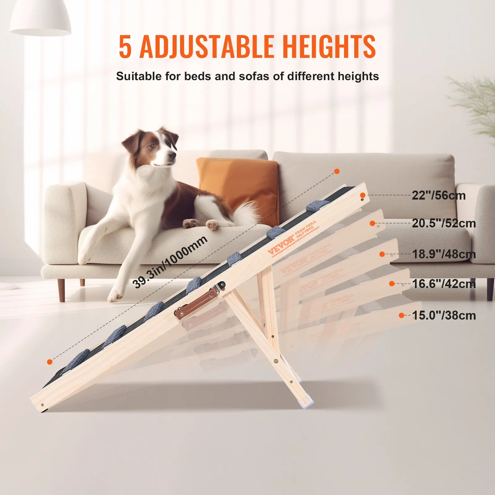 VEVOR Folding Adjustable Wooden Pet Ramp for Cats and Dogs of All Ages; Ramp 39.3" Long, Adjustable Height from 15" to 22" - Image 4