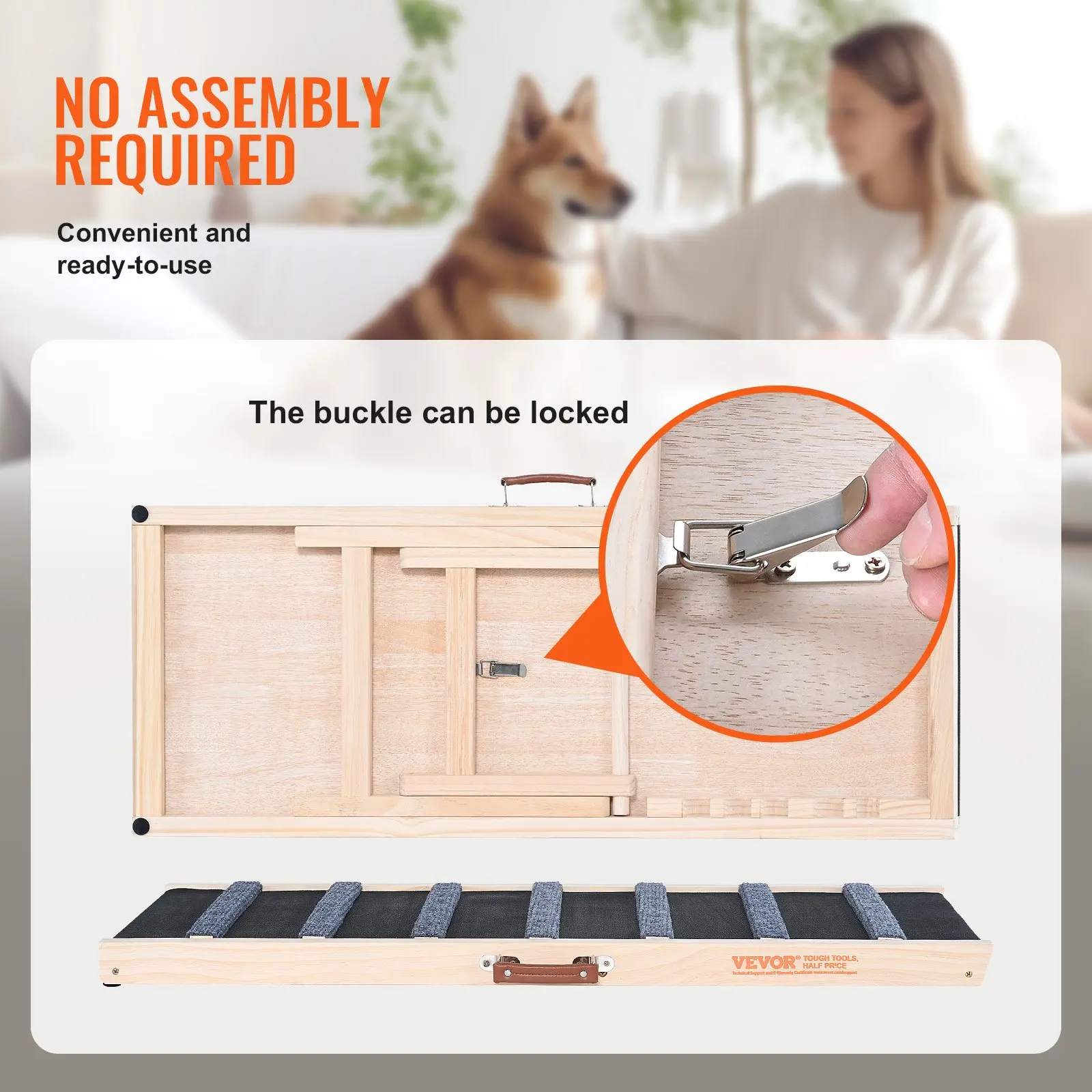 VEVOR Folding Adjustable Wooden Pet Ramp for Cats and Dogs of All Ages; Ramp 39.3" Long, Adjustable Height from 15" to 22" - Image 5