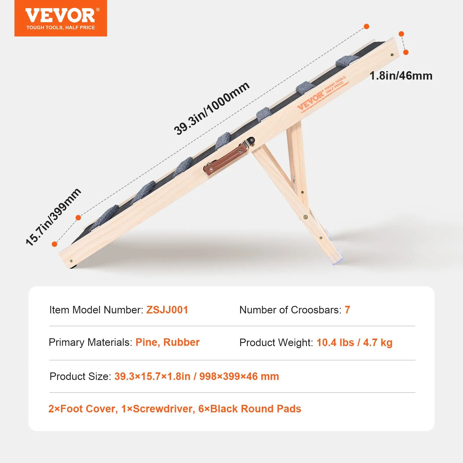 VEVOR Folding Adjustable Wooden Pet Ramp for Cats and Dogs of All Ages; Ramp 39.3" Long, Adjustable Height from 15" to 22" - Image 3