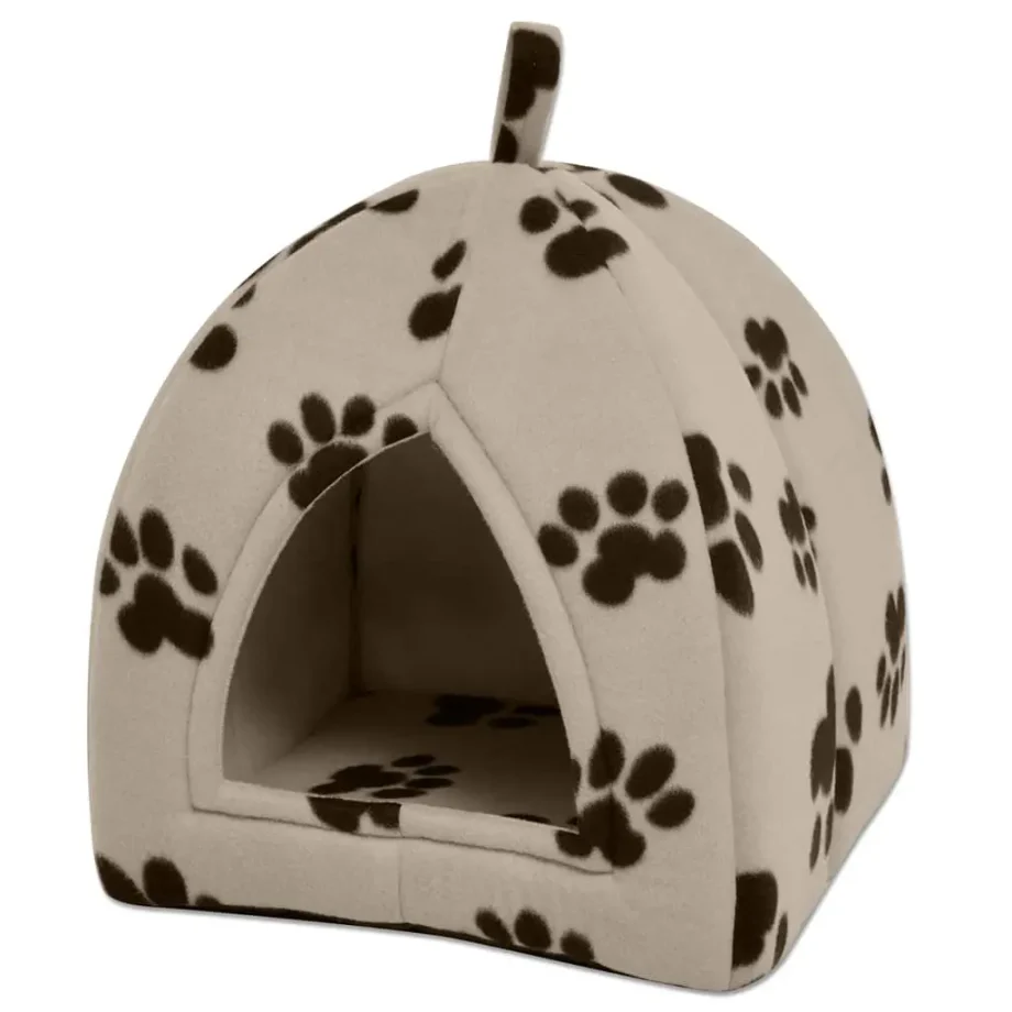 vidaXL Cat Cubby Bed Beige with Brown Paw Prints Polyester Fleece