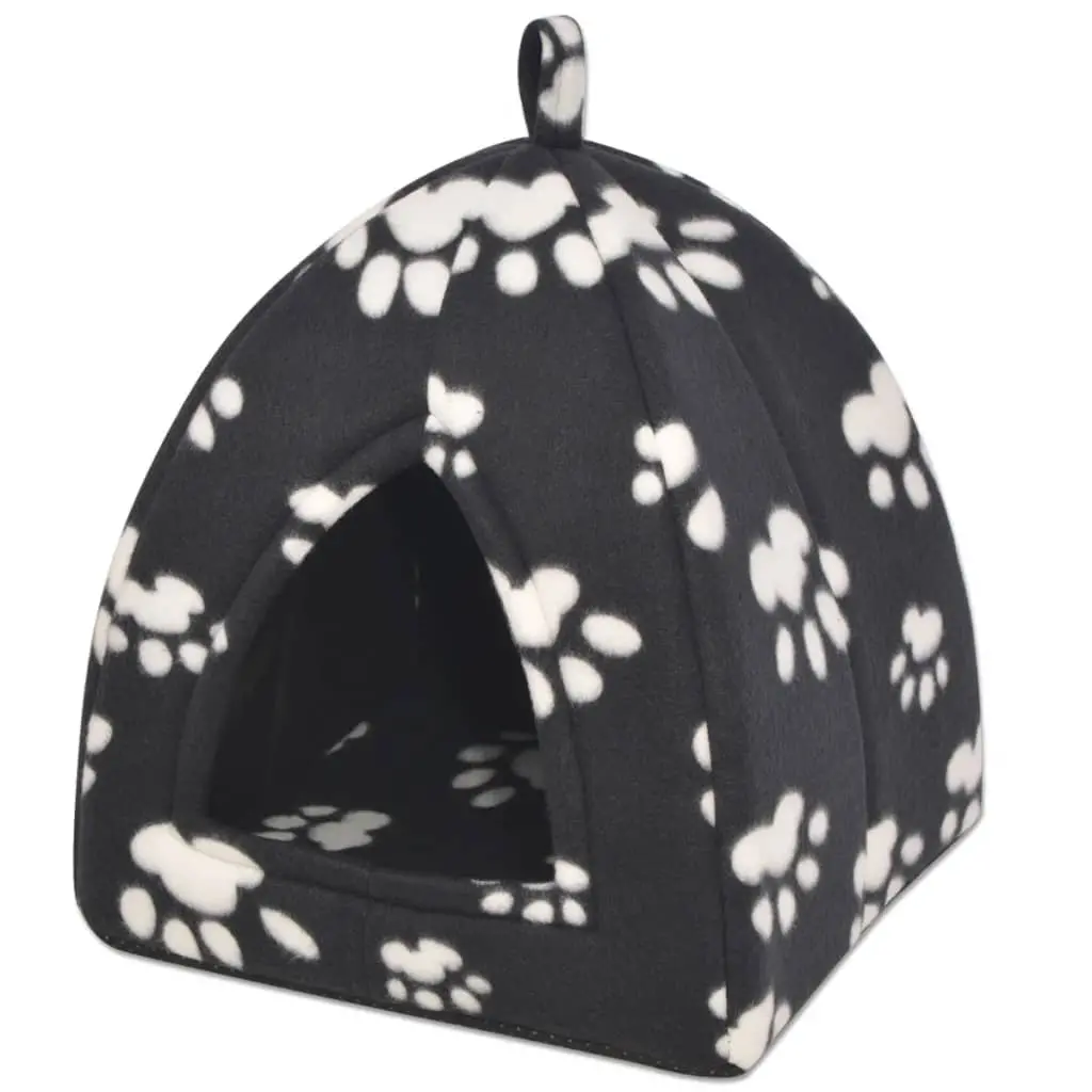 vidaXL Cat Cubby Bed Black with White Paw Prints Polyester fleece
