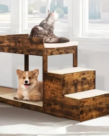 VEVOR Pet Bunk Bed with Stairs - Dark Brown Window Perch Sleeper