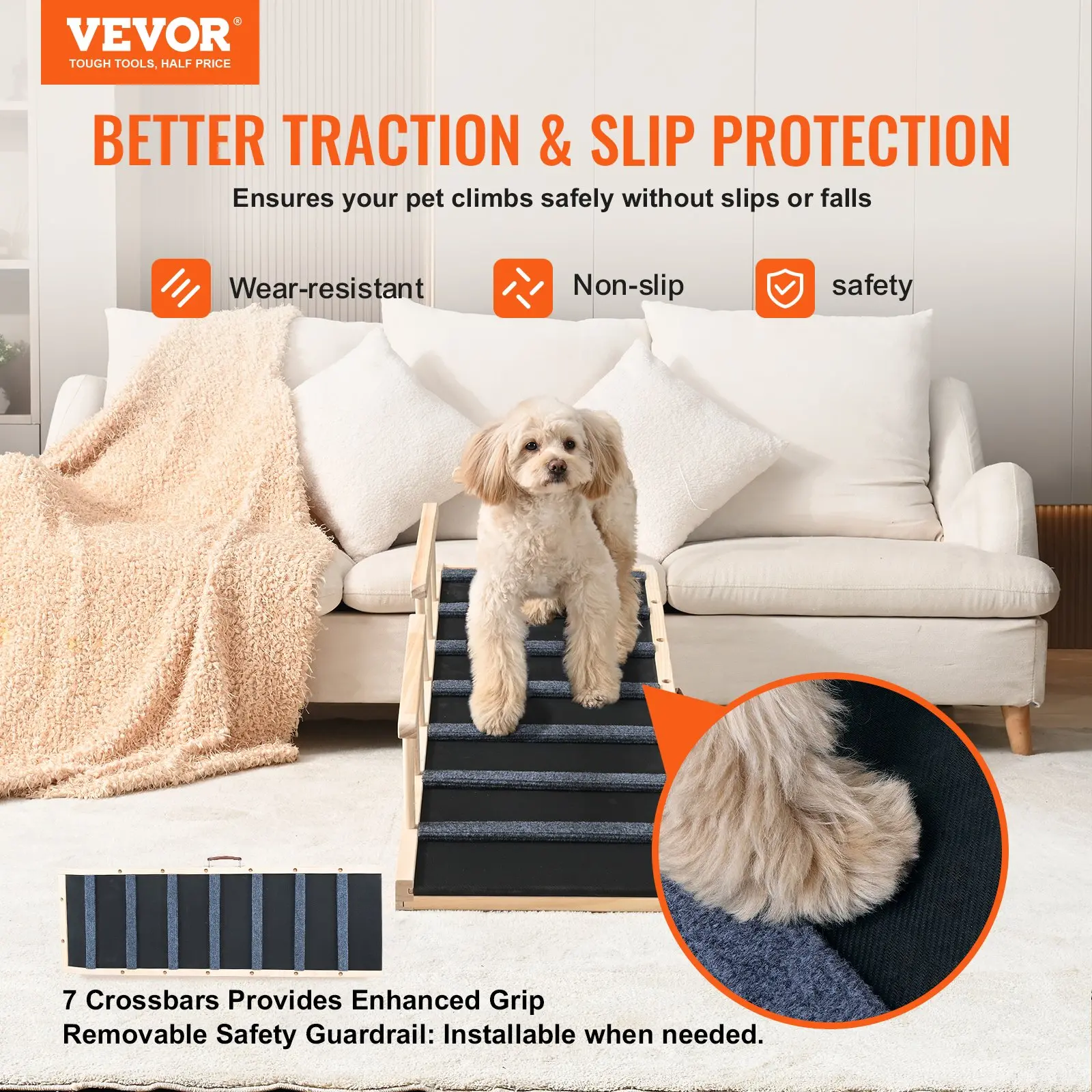 VEVOR Folding Adjustable Wooden Pet Ramp for Cats and Dogs of All Ages; Ramp 47.2" Long, Adjustable Height from 13.8" to 27.6" with Removable Safety Guardrails - Image 2