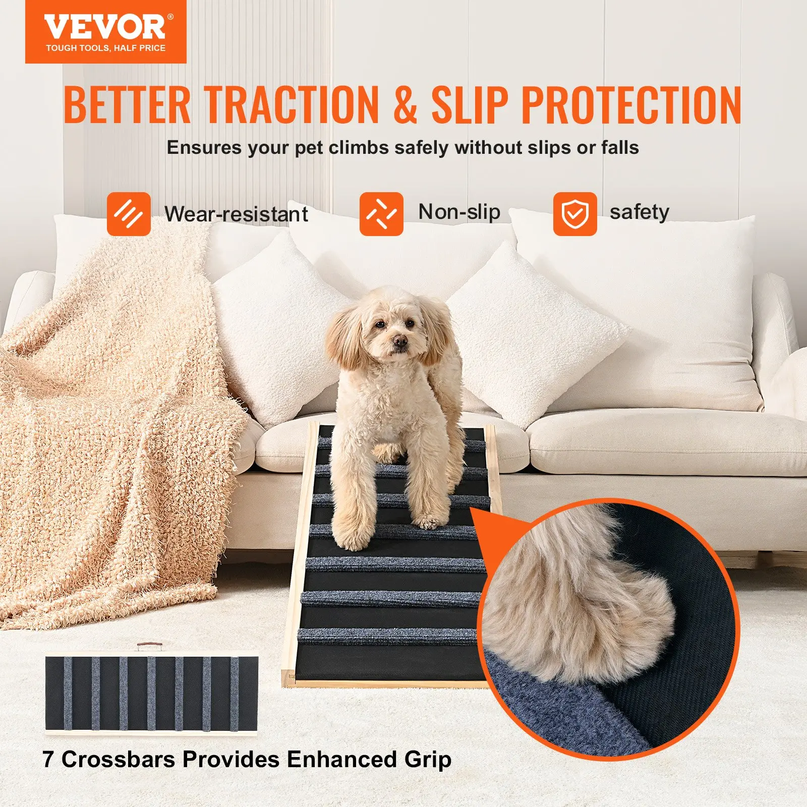 VEVOR Folding Adjustable Wooden Pet Ramp for Cats and Dogs of All Ages; Ramp 39.3" Long, Adjustable Height from 15" to 22" - Image 2